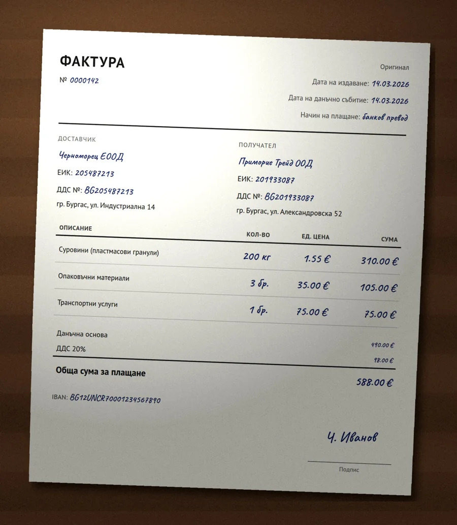 Пример за ръкописна фактура